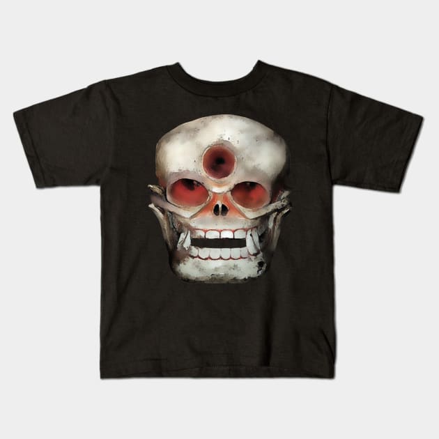 Three Eyed Demon Skull Kids T-Shirt by LabMonkey23
